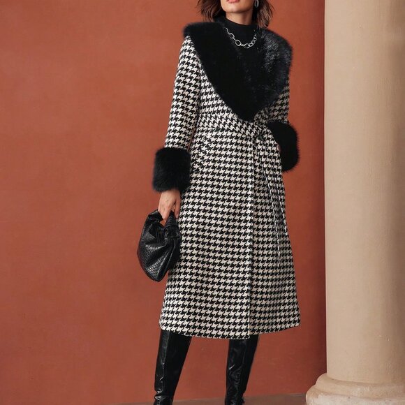 Black And White Elegant Women's Tweed Houndstooth Longline Overcoat - Picture 7 of 8